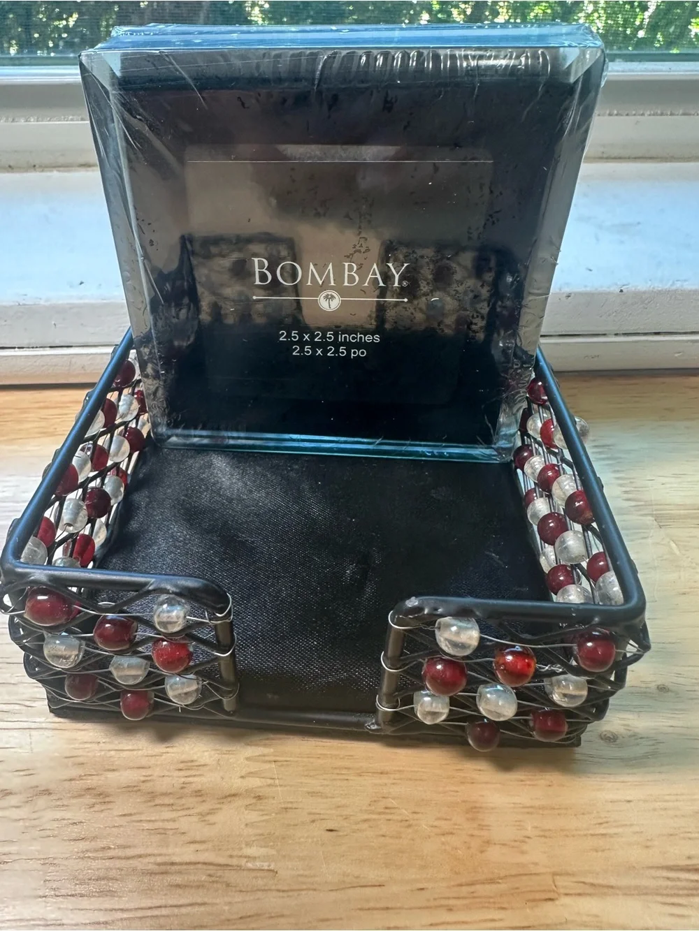 Bombay Co beaded caddy with four glass 2 x 5” x 2 x 5” photo coaster set